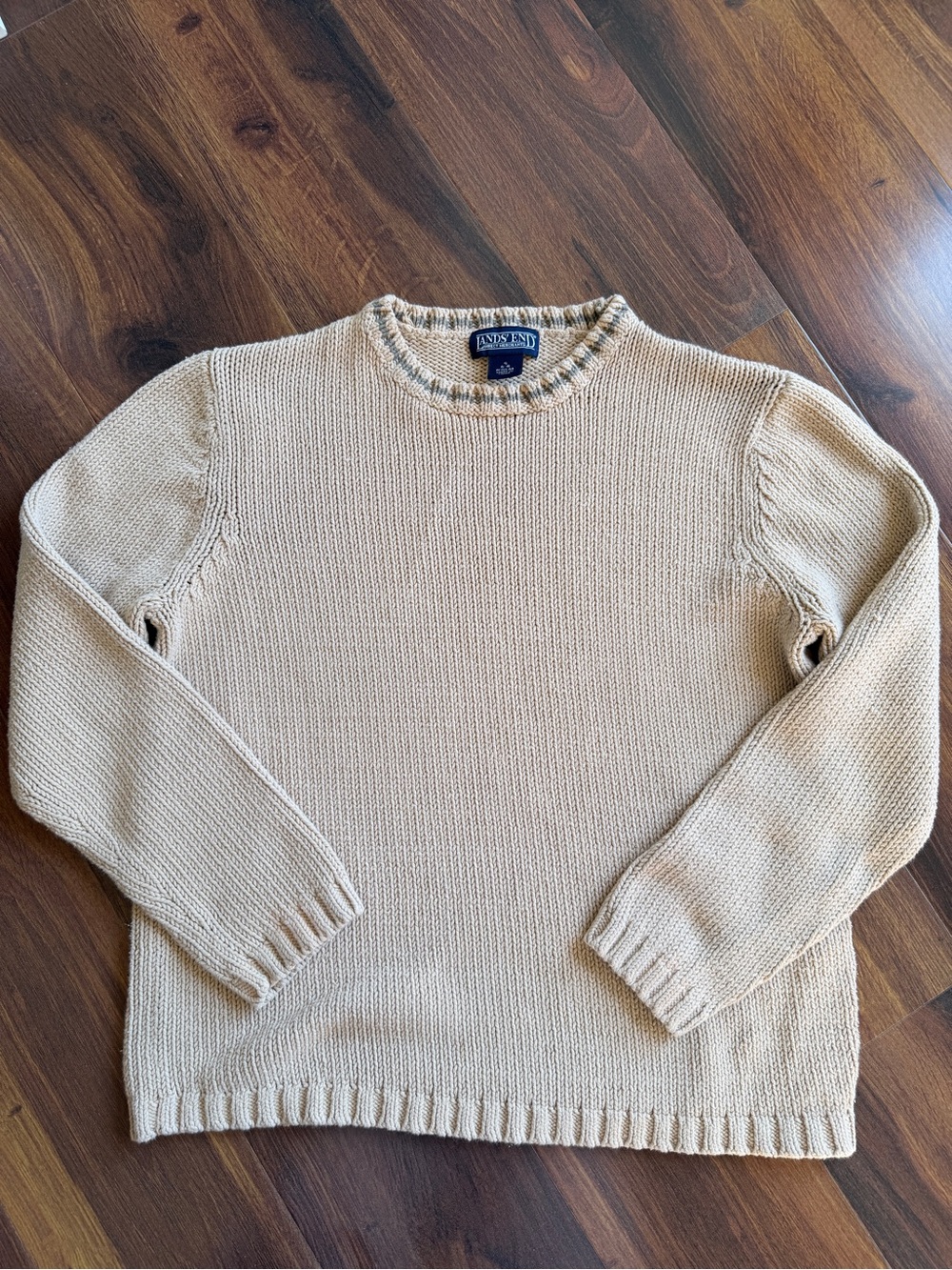 Lands End Soft Knit Crewneck Sweater Ribbed Collar Tan Preppy Womens Small 6-8